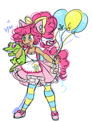 Size: 500x666 | Tagged: safe, artist:plumsweet, gummy, pinkie pie, human, g4, balloon, eared humanization, humanized, tailed humanization