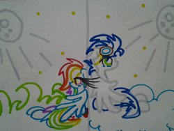 Size: 1024x768 | Tagged: safe, artist:swirlyquill, rainbow dash, soarin', g4, female, male, ship:soarindash, shipping, straight, traditional art