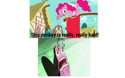 Size: 1280x800 | Tagged: safe, edit, edited screencap, screencap, cranky doodle donkey, pinkie pie, donkey, earth pony, pony, a friend in deed, g4, bald, bloodshot eyes, my eyes, parody, ponyville, spongebob squarepants, the spongebob squarepants movie