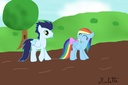 Size: 1024x681 | Tagged: safe, artist:rulette, rainbow dash, soarin', g4, blushing, female, male, ship:soarindash, shipping, straight, tail bow