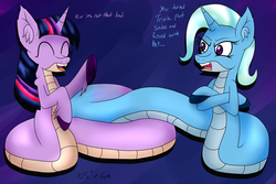 Size: 1280x853 | Tagged: safe, artist:novaspark, trixie, twilight sparkle, lamia, original species, g4, conjoined, dialogue, ear fluff, fangs, female, fusion, lamiafied, lesbian, pushmi-pullyu, ship:twixie, shipping, species swap, together forever, trixie lulamia, twilamia, twilight snakle, we have become one