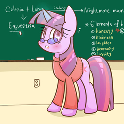 Size: 1000x1000 | Tagged: safe, artist:joycall6, twilight sparkle, g4, chalkboard, clothes, female, glasses, hilarious in hindsight, magic, solo, sweater, teacher