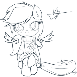 Size: 1280x1280 | Tagged: safe, artist:kyodashiro, rainbow dash, pegasus, pony, g4, clothes, female, floating wings, monochrome, scarf, simple background, solo, sweater, wings, wip