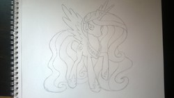 Size: 1632x918 | Tagged: safe, artist:muffin mane, princess celestia, g4, female, lineart, monochrome, pencil drawing, photo, raised hoof, solo, spread wings, wip