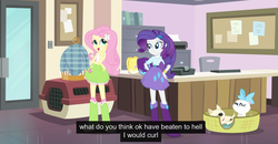 Size: 1600x830 | Tagged: safe, screencap, fluttershy, mitsy, rarity, cat, dog, equestria girls, g4, hamstocalypse now, my little pony equestria girls: rainbow rocks, boots, clothes, female, meme, puddy tat, puppy, shoes, socks, youtube caption