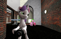 Size: 1600x1024 | Tagged: safe, artist:viranimation, spike, sweetie belle, thunderlane, dragon, pony, unicorn, g4, 3d, camera, donaut weights, donauts, female, filly, gmod, gym, male, spying, stalking, stallion, weight lifting