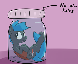 Size: 1280x1050 | Tagged: safe, artist:whatsapokemon, oc, oc only, oc:jade shine, pegasus, pony, breathplay, claustrophobic, implied asphyxiation, jar, micro, on back, open mouth, pony in a bottle, solo, this will end in death, trapped, underhoof, worried