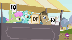 Size: 960x540 | Tagged: safe, edit, screencap, doctor whooves, lyra heartstrings, merry may, time turner, earth pony, pony, unicorn, g4, leap of faith, season 4, :p, all new, animated, cartoon physics, cute, eyes closed, female, frown, glare, grin, hub logo, hubble, i can't believe it's not superedit, i reject your reality and substitute my own, lyra's score, lyrabetes, magic, male, meme, perspective flip, score, score cards, screw gravity, smiling, squee, stabilized, stallion, telekinesis, text, the hub, upside down