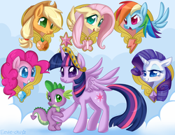 Size: 1078x833 | Tagged: safe, artist:ambunny, applejack, fluttershy, pinkie pie, rainbow dash, rarity, spike, twilight sparkle, alicorn, pony, g4, bedroom eyes, big crown thingy, blushing, bust, cute, element of generosity, element of honesty, element of kindness, element of laughter, element of loyalty, element of magic, elements of harmony, female, floppy ears, grin, looking at you, mane seven, mane six, mare, open mouth, smiling, spread wings, twilight sparkle (alicorn), wingless spike