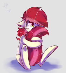 Size: 1348x1507 | Tagged: safe, artist:suplolnope, roseluck, earth pony, pony, g4, blushing, cheek fluff, commissioner:doom9454, covering, cute, daaaaaaaaaaaw, diabetes, featured image, female, floppy ears, fluffy, gray background, hair over one eye, hug, leg fluff, looking at something, looking up, mare, messy mane, rosabetes, shadow, shy, signature, simple background, sitting, solo, sweet dreams fuel, tail fluff, tail hug, underhoof, weapons-grade cute