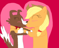 Size: 2464x2016 | Tagged: safe, artist:princess ava, applejack, winona, g4, female, high res, interspecies, kissing, lesbian, shipping, winojack