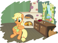 Size: 4047x3030 | Tagged: safe, artist:moemneop, applejack, pinkie pie, rainbow dash, earth pony, pony, g4, apple, apple pie, baking, batter, fire, hatless, hoof hold, kitchen, missing accessory, offscreen character, oven, pie, sitting, smiling, solo focus, stealing, stirring