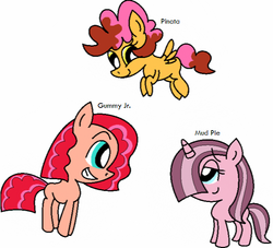 Size: 671x609 | Tagged: artist needed, safe, oc, oc only, oc:gummy jr., oc:mud pie, oc:pinata, earth pony, pegasus, pony, unicorn, colt, filly, foal, male, next generation, offspring, parent:cheese sandwich, parent:pinkie pie, parents:cheesepie, twins