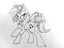 Size: 1280x960 | Tagged: safe, artist:dubstepbrony4life, dj pon-3, vinyl scratch, g4, cake, candle, female, grayscale, magic, monochrome, simple background, solo, telekinesis, tongue out, traditional art