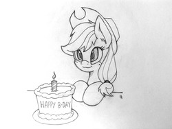 Size: 1280x960 | Tagged: safe, artist:dubstepbrony4life, applejack, g4, birthday cake, cake, candle, female, grayscale, monochrome, simple background, solo, traditional art