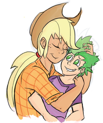 Size: 902x1076 | Tagged: safe, artist:hamflo, applejack, spike, human, g4, drawfag, eyes closed, female, freckles, hug, humanized, male, no pupils, ship:applespike, shipping, sketch, spikelove, straight