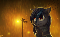 Size: 1735x1080 | Tagged: safe, artist:rublegun, dj pon-3, vinyl scratch, pony, unicorn, g4, clothes, featured image, female, floppy ears, jacket, lamp, looking up, night, power line, rain, red eyes, smiling, solo, wet, wet mane, wrong eye color