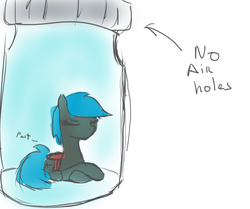 Size: 1060x886 | Tagged: safe, artist:ask-northface, oc, oc only, oc:jade shine, claustrophobic, eyes closed, fart, fart noise, implied asphyxiation, jar, micro, onomatopoeia, pony in a bottle, prone, solo, sound effects, this will end in death