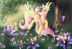 Size: 2969x2019 | Tagged: safe, artist:wilvarin-liadon, fluttershy, butterfly, g4, chest fluff, female, flower, flying, high res, solo