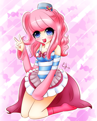 Size: 4800x6000 | Tagged: safe, artist:exceru-karina, pinkie pie, human, g4, absurd resolution, blushing, clothes, cute, diapinkes, dignified wear, dress, female, gala dress, humanized, kneeling, looking at you, open mouth, peace sign, skirt, smiling, socks, solo