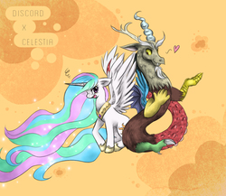 Size: 1029x893 | Tagged: safe, artist:flakkynne, discord, princess celestia, g4, female, heart, male, ship:dislestia, shipping, straight