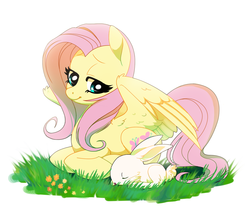 Size: 1616x1408 | Tagged: safe, artist:trippinmars, angel bunny, fluttershy, pegasus, pony, g4, cute, female, grass, lidded eyes, mare, ponyloaf, prone, shyabetes, solo, stupid sexy fluttershy, wing fluff