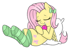 Size: 1500x1022 | Tagged: safe, artist:silver1kunai, fluttershy, g4, blushing, bow, clothes, cute, female, hair bow, juice box, nap, pillow, shyabetes, simple background, sleeping, socks, solo, striped socks, white background