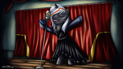 Size: 1440x810 | Tagged: safe, artist:jeffk38uk, oc, oc only, oc:velvet remedy, pony, unicorn, fallout equestria, clothes, dress, eyes closed, fanfic, fanfic art, female, horn, mare, microphone, open mouth, singing, solo