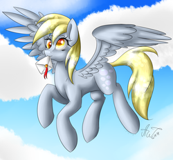 Size: 2000x1855 | Tagged: safe, artist:artyjoyful, derpy hooves, pegasus, pony, g4, female, flying, letter, mail, mare, solo