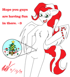Size: 1024x1124 | Tagged: safe, artist:axel-dk64, oc, oc only, oc:peppermint pattie, pegasus, semi-anthro, belly button, bipedal, candy cane, chest fluff, christmas tree, close-up, dialogue, elf hat, garland, hat, licking, macro, micro, ornaments, present, santa hat, simple background, stars, stick figure, transparent background, tree, wat, zoomed in