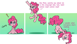 Size: 2325x1350 | Tagged: safe, artist:yikomega, pinkie pie, g4, breaking the fourth wall, comic, dialogue