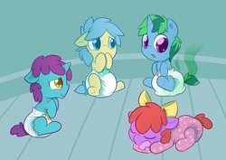 Size: 1280x904 | Tagged: safe, artist:cuddlehooves, oc, oc only, oc:bonded friendship, oc:cobalt arrow, oc:itty bit, oc:vitriol ink, pony, accident, baby, baby pony, cuddlehooves is trying to murder us, cute, diaper, foal, footed sleeper, messy diaper, poop