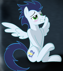 Size: 2461x2756 | Tagged: safe, artist:dripponi, soarin', pegasus, pony, g4, blushing, cute, high res, horny, lust, male, sitting, solo, stallion, wingboner, wonderbolts