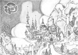 Size: 3307x2338 | Tagged: safe, artist:stellakris, g4, canterlot, canterlot castle, castle, featured image, grayscale, high res, lineart, monochrome, mountain, nankeen, no pony, pen, sketch, skill overload, traditional art, waterfall
