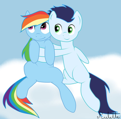 Size: 900x887 | Tagged: safe, artist:rulette, rainbow dash, soarin', g4, :t, blank flank, cloud, cute, female, hug, male, ship:soarindash, shipping, sitting, smiling, straight