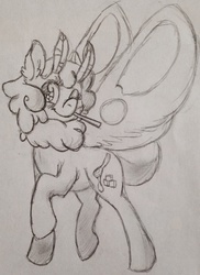 Size: 1536x2112 | Tagged: safe, artist:buttersketch, oc, oc only, oc:caramel, mothpony, original species, monochrome, one eye closed, sketch, solo, traditional art, wink