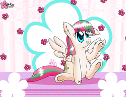 Size: 3300x2550 | Tagged: safe, artist:clouddg, blossomforth, pegasus, pony, g4, female, flower, fluffy, grin, high res, sitting, smiling, solo, spread wings, underhoof