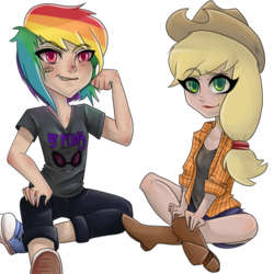 Size: 894x894 | Tagged: safe, artist:clyrically, applejack, rainbow dash, human, g4, clothes, converse, humanized, shoes, sitting