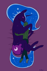 Size: 1000x1509 | Tagged: safe, artist:nivrozs, nightmare moon, oc, oc:anon, human, pony, g4, barefoot, cuddling, eyes closed, feet, giant pony, heightmare moon, hug, human on pony snuggling, my big pony, nicemare moon, on side, pony sized pony, size difference, sleeping, snuggling