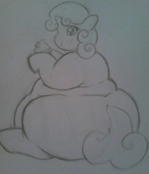 Size: 701x816 | Tagged: safe, artist:candyxxxholicxx, sweetie belle, g4, cupcake, fat, female, obese, sketch, solo, sweetie belly
