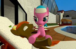Size: 1600x1024 | Tagged: safe, artist:viranimation, aloe, button mash, earth pony, pony, g4, 3d, age difference, aloemash, colt, duo, female, foal, gmod, implied shipping, male, mare, resort, spa