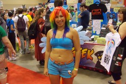 Size: 3648x2432 | Tagged: safe, artist:dinalfos5, rainbow dash, human, g4, 2013, bandeau, belly button, clothes, convention, cosplay, high res, irl, irl human, midriff, photo, shorts, toronto fan expo