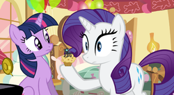 Size: 1530x838 | Tagged: safe, artist:somerandomminion, edit, screencap, rarity, twilight sparkle, changeling, g4, balloon, caption this, comedy, micro, muffin, shrink, shrinking, vector