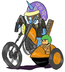 Size: 472x522 | Tagged: safe, artist:fauxsquared, applejack, trixie, g4, animated, female, goggles, grin, helmet, motorcycle, pearjack, smiling, smirk