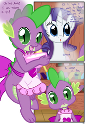 Size: 1741x2500 | Tagged: safe, artist:pyruvate, rarity, spike, dragon, pony, unicorn, comic:dragon queen, g4, a cat is fine too, apron, clothes, comic, cute, naked apron, spikabetes, this will end in jail time, this will end in tears