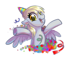 Size: 500x404 | Tagged: safe, artist:homa-nix, derpy hooves, pegasus, pony, g4, birthday, confetti, female, hat, mare, party hat, solo