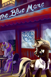 Size: 3120x4685 | Tagged: safe, artist:yulyeen, oc, oc only, butt, cafe, chair, commission, eye contact, floppy ears, grin, looking back, plot, raised eyebrow, raised tail, sitting, smiling, underhoof