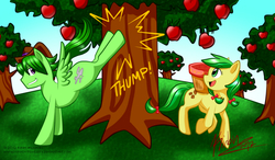 Size: 1200x700 | Tagged: safe, artist:hinata-teh-lefty, apple fritter, oc, earth pony, pegasus, pony, g4, apple, apple family member, apple tree, applebucking, duo, food, tree