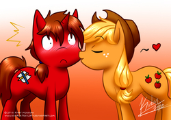 Size: 1000x700 | Tagged: safe, artist:hinata-teh-lefty, applejack, oc, earth pony, pony, unicorn, g4, canon x oc, cheek kiss, duo, floating heart, heart, kissing