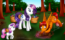 Size: 1091x663 | Tagged: safe, artist:hinata-teh-lefty, rarity, sweetie belle, oc, pegasus, pony, unicorn, g4, basket, digging, gem, holes, magic, tree, trio